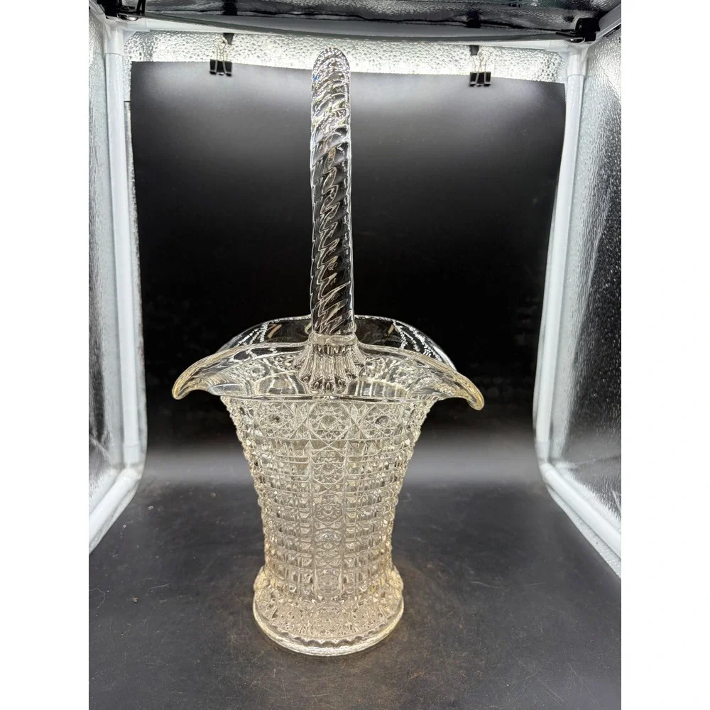 Vintage Clear Pressed Glass Basket Twisted Handle Diamond Starburst 13.5in